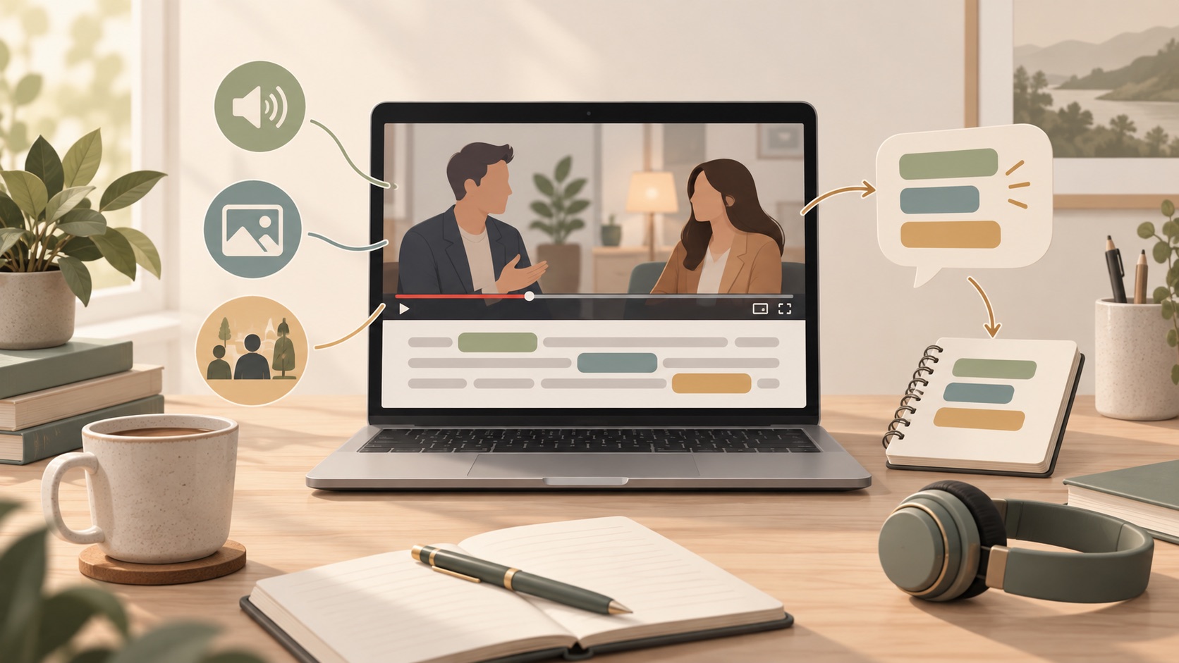 Editorial illustration of a YouTube English workflow connecting video, captions, context, and reusable expressions