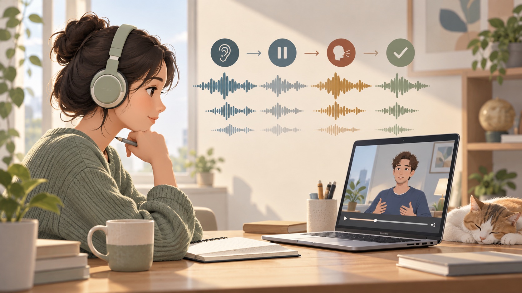 Editorial illustration of a learner using headphones to listen, pause, speak, and compare waveforms with a video