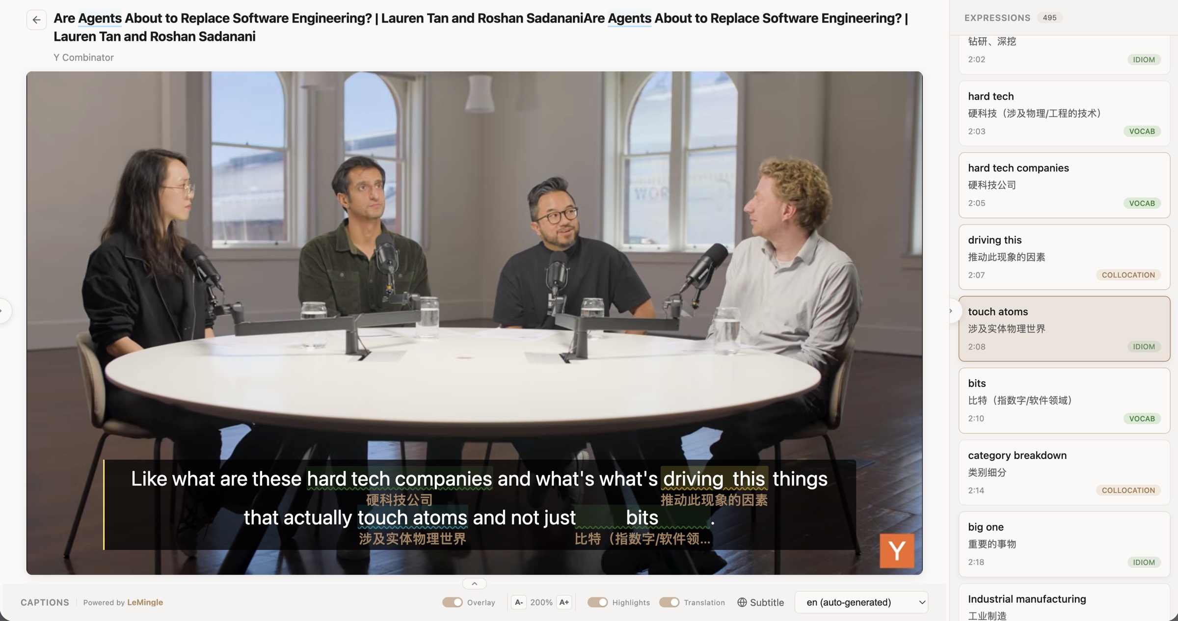 LeMingle YouTube Reader：视频字幕、逐句 Captions 与 Expressions 边栏同步联动